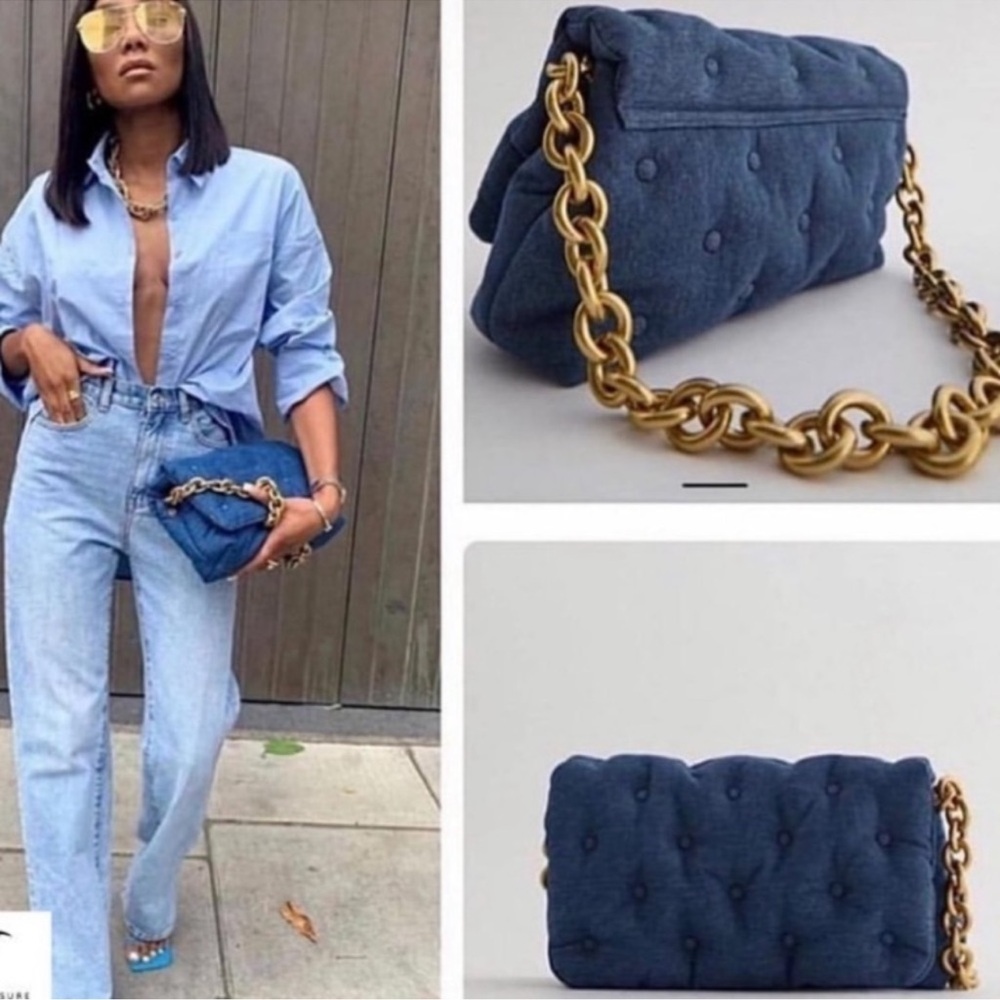 🆕 Dark Denim Handbag w Gold Chain Strap - Picture 3 of 12